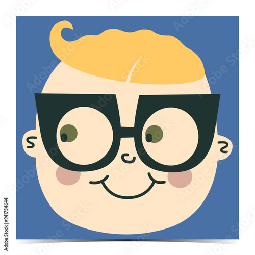 Funny smiling blonde nerd boy student wearing glasses, vector illustration