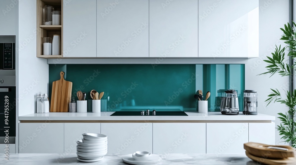 Fototapeta premium A modern kitchen with a clean white design, featuring bold teal accent tiles on the backsplash and matching kitchen accessories