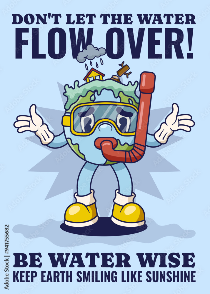 Flood Poster with Earth Retro Mascot Illustration Color Version Flood Poster with Earth Retro Mascot Illustration Color Version