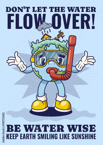 Flood Poster with Earth Retro Mascot Illustration Color Version