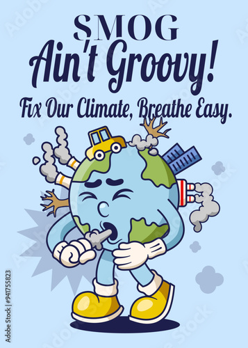 Pollution Poster with Earth Retro Mascot Illustration Color Version
