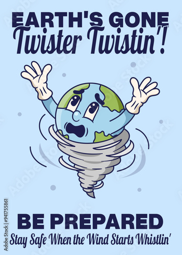 Tornado Poster with Earth Retro Mascot Illustration Color Version