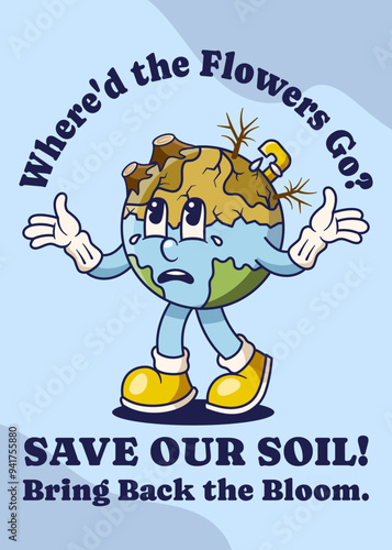 Soil Degradation Poster with Earth Retro Mascot Illustration Color Version