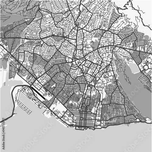 Map of Kingston in Jamaica in grayscale. Contains layered vector with roads water, parks, etc.