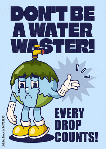 Water Disposal Poster with Earth Retro Mascot Illustration Color Version