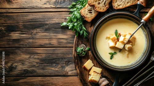 Top view of Swiss fondue set with cheese and bread, arranged with plenty of room for text. photo