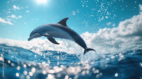 A dolphin performing a backflip in the air, with water droplets frozen in mid-air and a vibrant blue sky in the background. photo