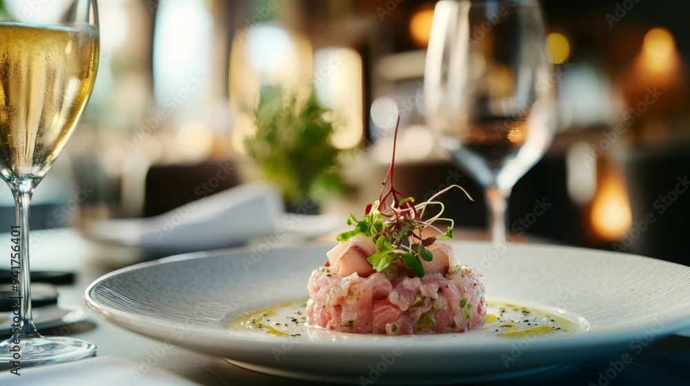 Elegant seafood dish with microgreens and white wine at a fine dining restaurant Elegant seafood dish with microgreens and white wine at a fine dining restaurant