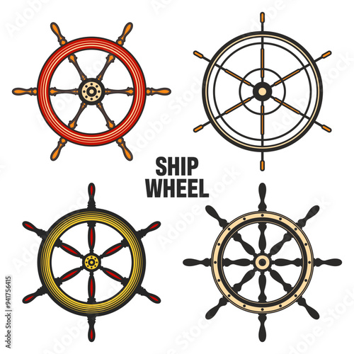 Wooden vintage steering wheels. Ship, sailboat or yacht retro wheel symbol. Colorful nautical rudder icon. Marine logotype design element. Vector illustration