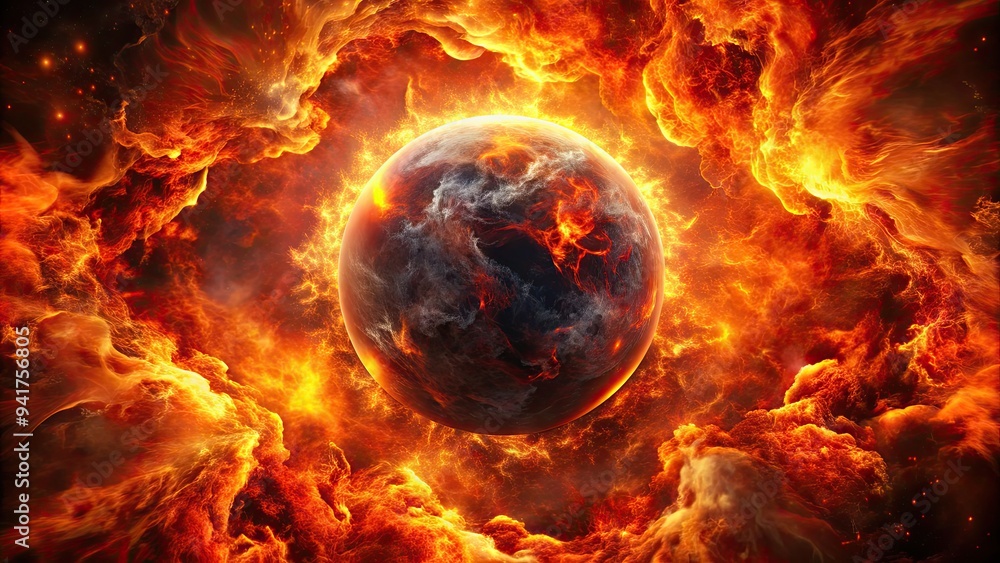 Hadean Inferno: Blazing sphere in a fiery abyss, explosive release, crimson and orange hues, infernal underworld concept. Hadean Inferno: Blazing sphere in a fiery abyss, explosive release, crimson and orange hues, infernal underworld concept.