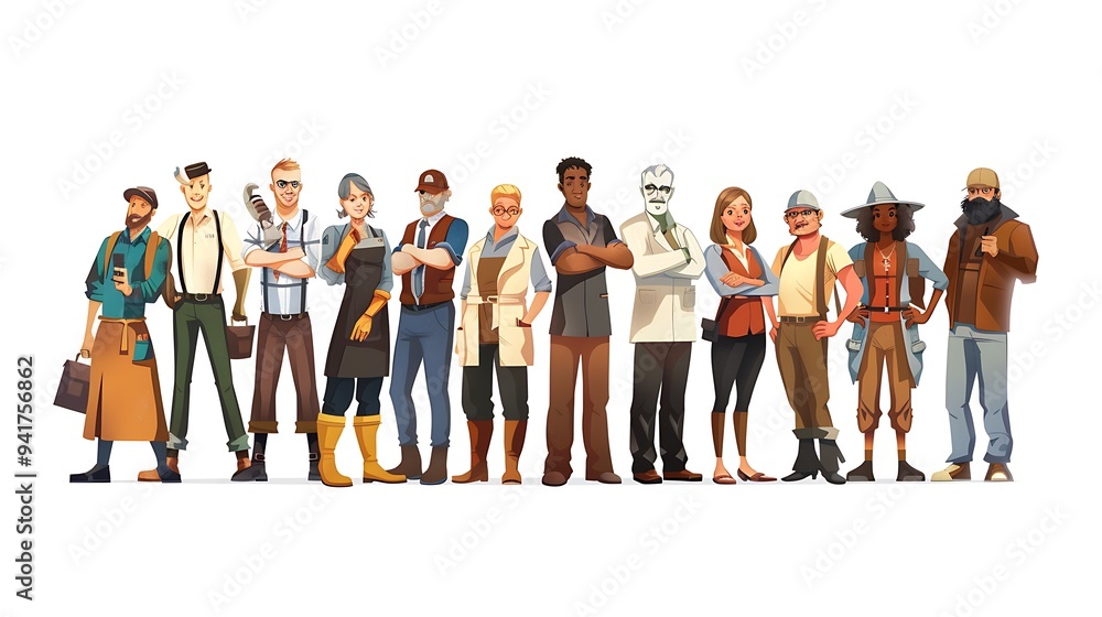 Fototapeta premium Diverse Group of Cartoon People Standing Together