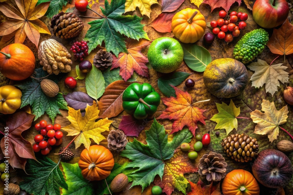 Obraz premium Harvest Hues - Earthy browns, deep greens, fallen leaves, abundant nature, serene and grounding