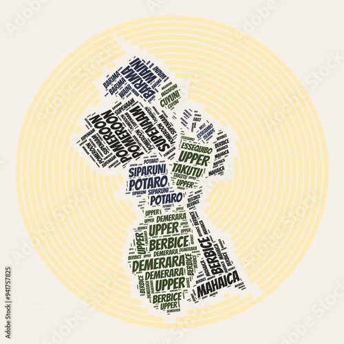 Guyana Round Poster. Typography style image of Country. Regions word clouds of Guyana. Vintage image design with scratch texture.