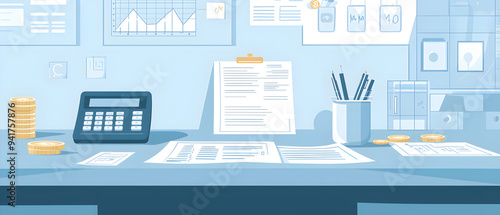 A flat vector illustration of a financial advisor’s office, with documents, calculators, and investment plans clean and professional design with a blue and gray color palette