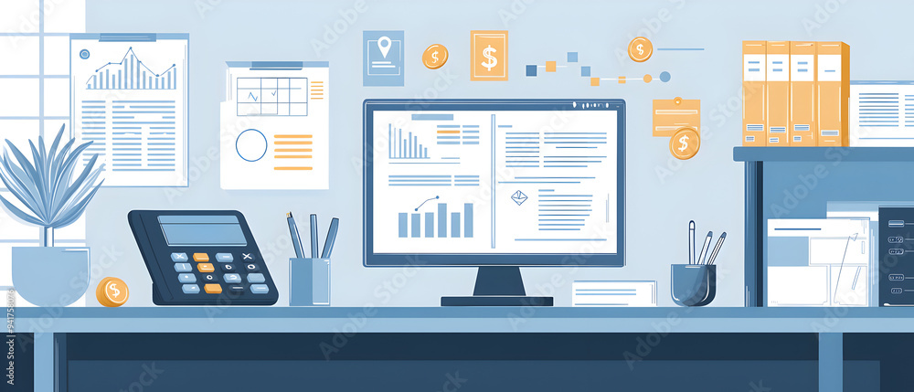 A flat vector illustration of a financial advisor’s office, with documents, calculators, and investment plans clean and professional design with a blue and gray color palette A flat vector illustration of a financial advisor’s office, with documents, calculators, and investment plans clean and professional design with a blue and gray color palette