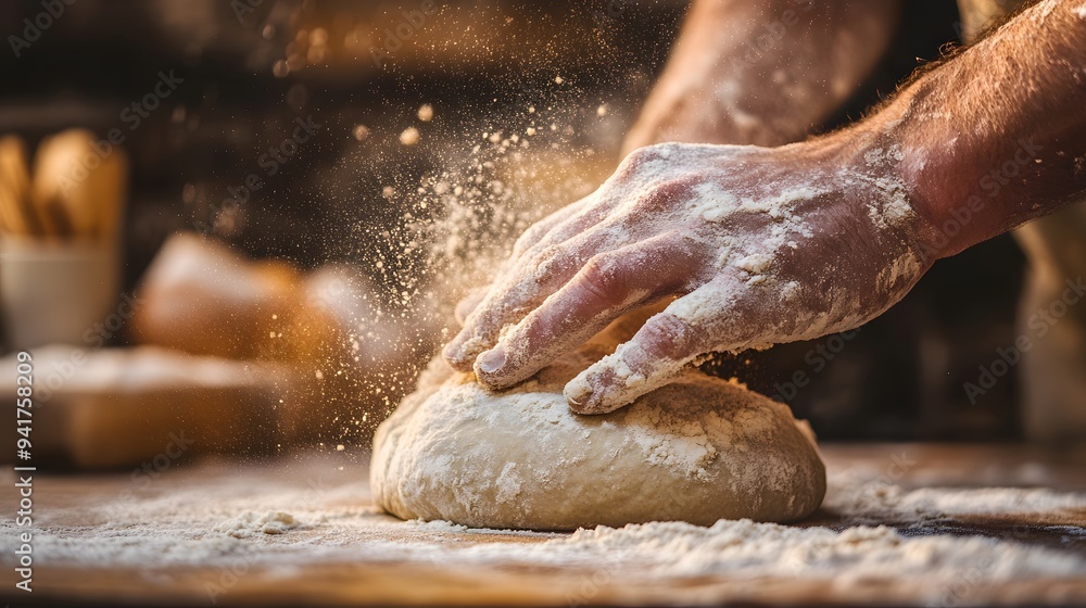 Baker’s Hand Kneading Dough: A baker's hand covered in flour, kneading dough on a wooden surface, with a warm, rustic kitchen setting.
Baker’s Hand Kneading Dough: A baker's hand covered in flour, kneading dough on a wooden surface, with a warm, rustic kitchen setting.