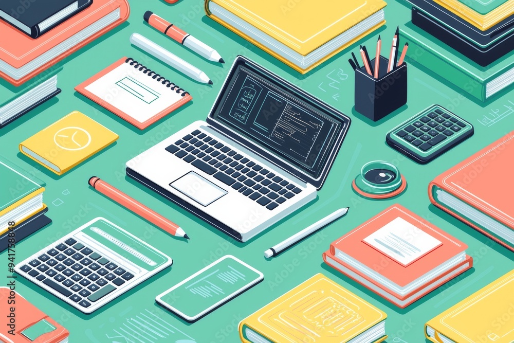 Illustration of educational learning tools set on table created with Generative AI Illustration of educational learning tools set on table created with Generative AI