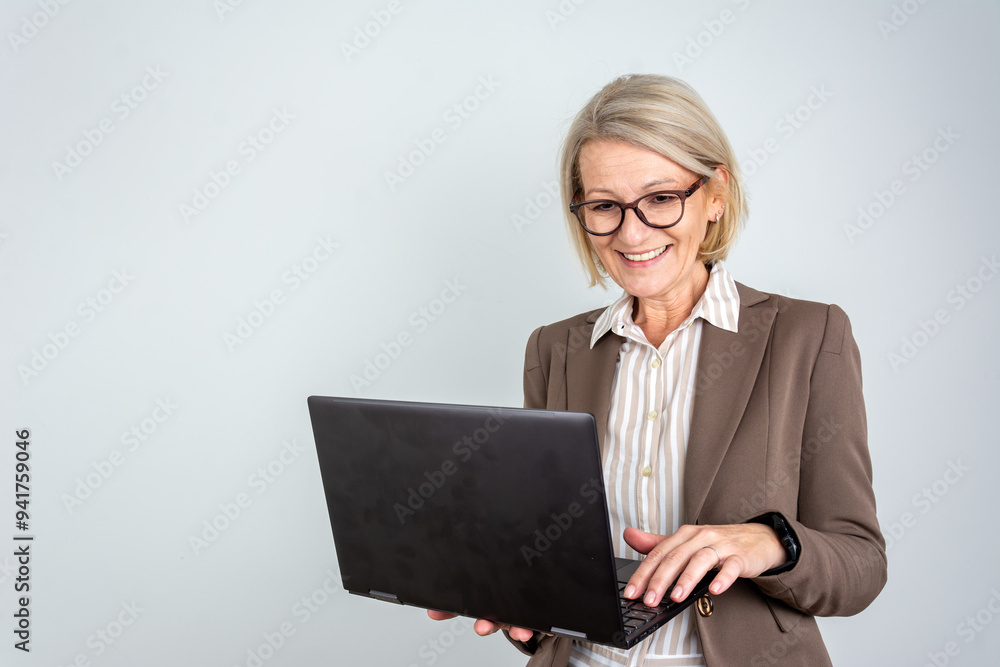happy business woman using laptop computer isolated, happy business woman using laptop computer isolated,