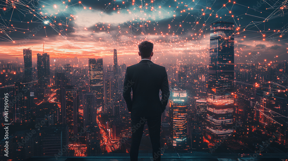 Business man on future network city Business man on future network city