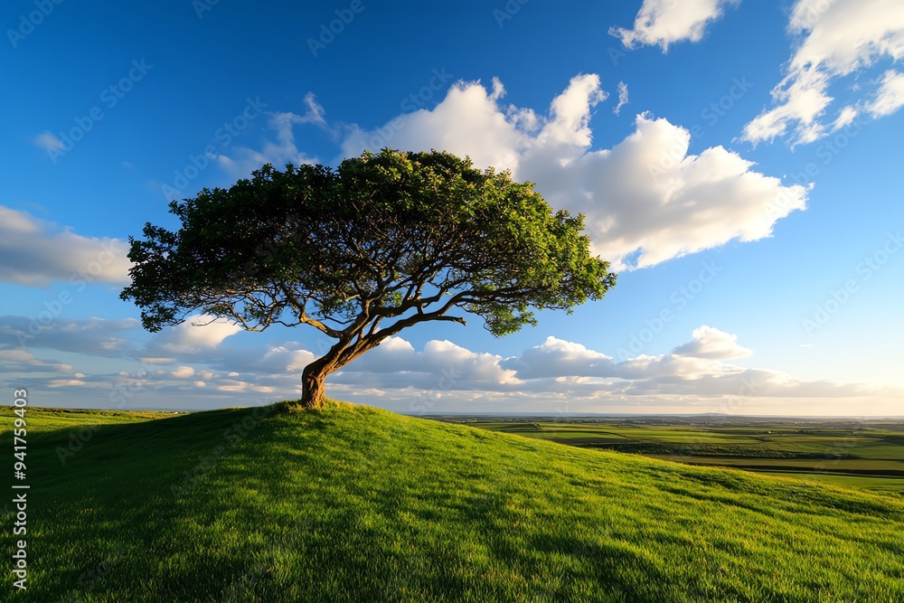 A sad willow tree on a quiet countryside hill, with the setting sun casting long shadows across the landscape A sad willow tree on a quiet countryside hill, with the setting sun casting long shadows across the landscape