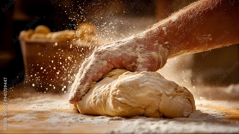 Baker’s Hand Kneading Dough: A baker's hand covered in flour, kneading dough on a wooden surface, with a warm, rustic kitchen setting.
Baker’s Hand Kneading Dough: A baker's hand covered in flour, kneading dough on a wooden surface, with a warm, rustic kitchen setting.