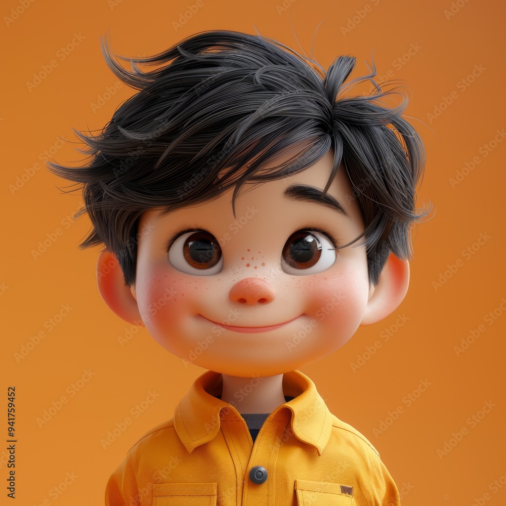 Smiling Asian cartoon character young man male person wearing yellow shirt in 3d style design on light background. Human people feelings expression concept 