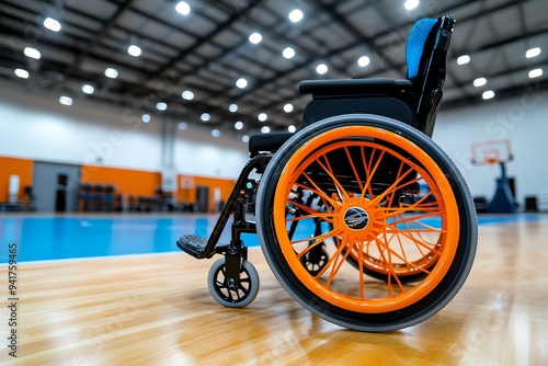 A wheelchair-accessible basketball hoop with an adjustable height mechanism, designed for adaptive sports facilities