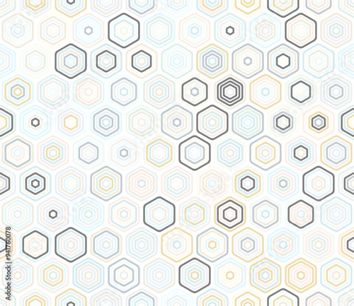Honeycomb Background. Bold rounded stacked hexagons mosaic pattern. Hexagonal shapes. Multiple tones color palette. Seamless pattern. Tileable vector illustration.