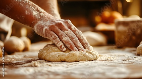 Baker’s Hand Kneading Dough: A baker's hand covered in flour, kneading dough on a wooden surface, with a warm, rustic kitchen setting. 