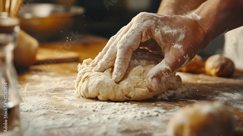 Baker’s Hand Kneading Dough: A baker's hand covered in flour, kneading dough on a wooden surface, with a warm, rustic kitchen setting. 