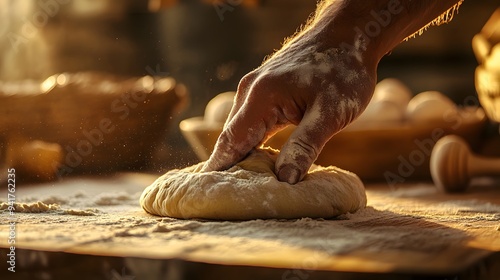 Baker’s Hand Kneading Dough: A baker's hand covered in flour, kneading dough on a wooden surface, with a warm, rustic kitchen setting. 