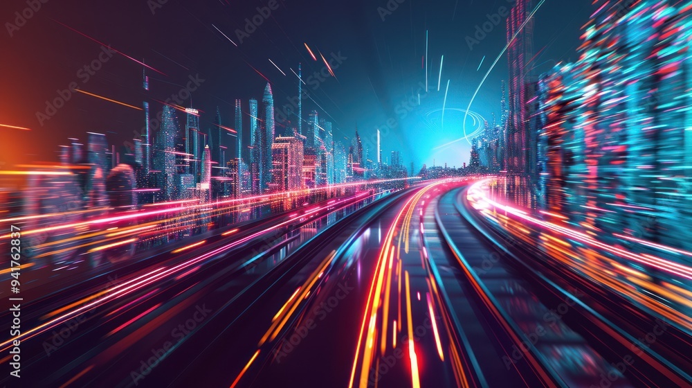 Obraz premium Futuristic Cityscape with Fast Moving Lights