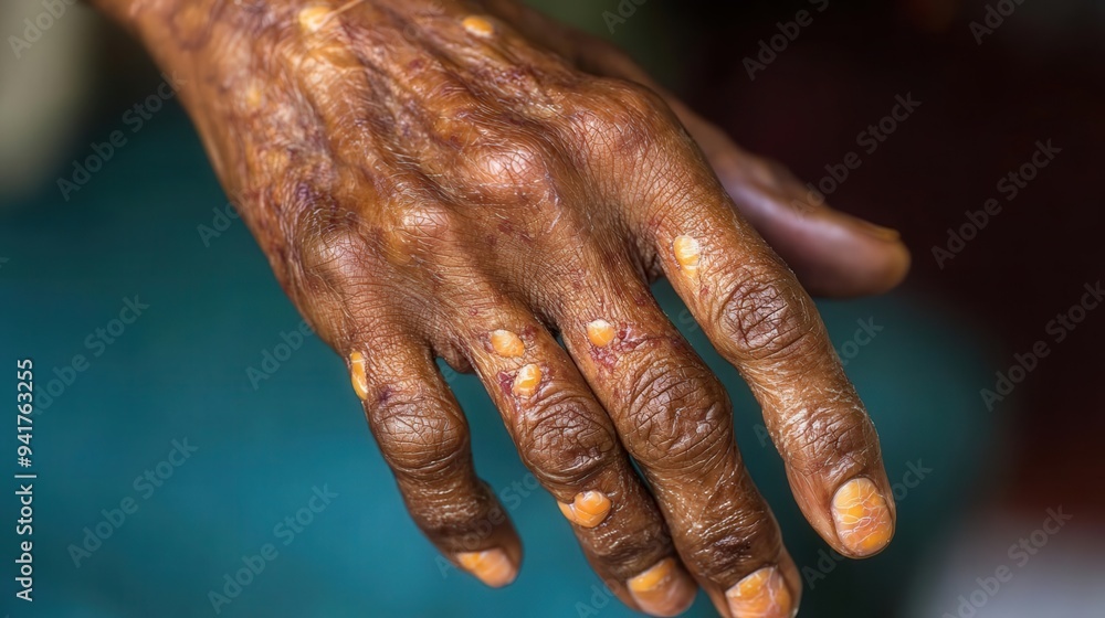 Fototapeta premium Close-up of an elderly hand showcasing unique textures and skin blemishes, representing age and wisdom.