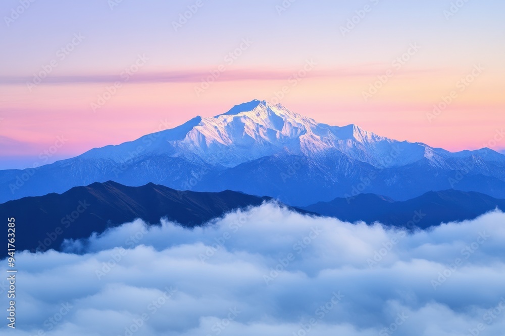 The snow-capped mountain peak rises majestically above the clouds, its peaks adorned with soft pink and blue hues as dawn breaks over it Generative AI The snow-capped mountain peak rises majestically above the clouds, its peaks adorned with soft pink and blue hues as dawn breaks over it Generative AI