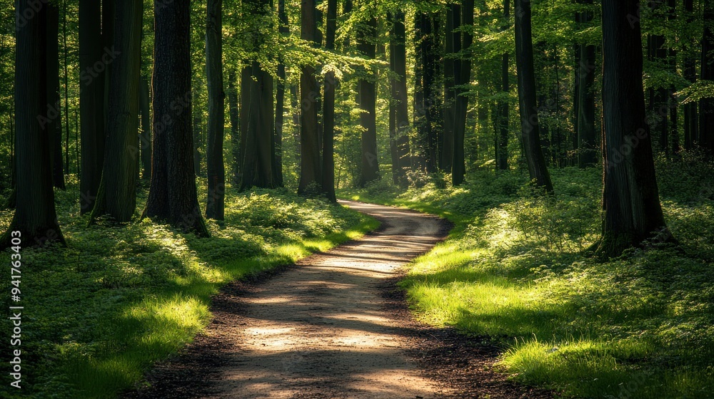 Obraz premium Sunlit Path Through a Lush Forest