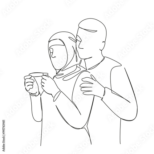 One continuous single drawing line art flat doodle Muslim family took pregnancy test, joy, expectation, surprise, baby. Isolated image hand draw contour on a white background 