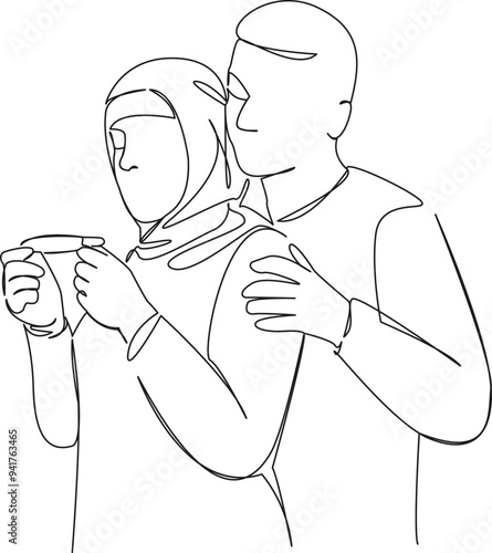 One continuous single drawing line art flat doodle Muslim family took pregnancy test, joy, expectation, surprise, baby. Isolated image hand draw contour on a white background 