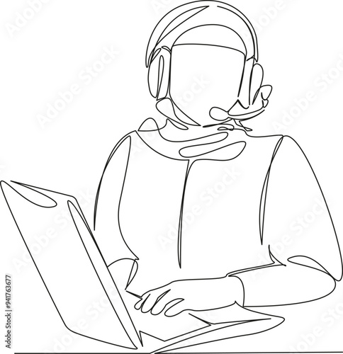 One continuous single drawing line art flat doodle Muslim businesswoman dispatcher communicates with clients via headphones. Isolated image hand draw contour on a white background
