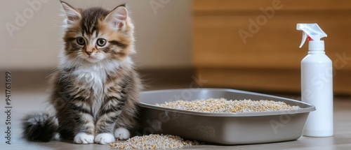 Cute kitten next to its litter box and cleaning spray in a cozy home setting, highlighting pet care and hygiene.