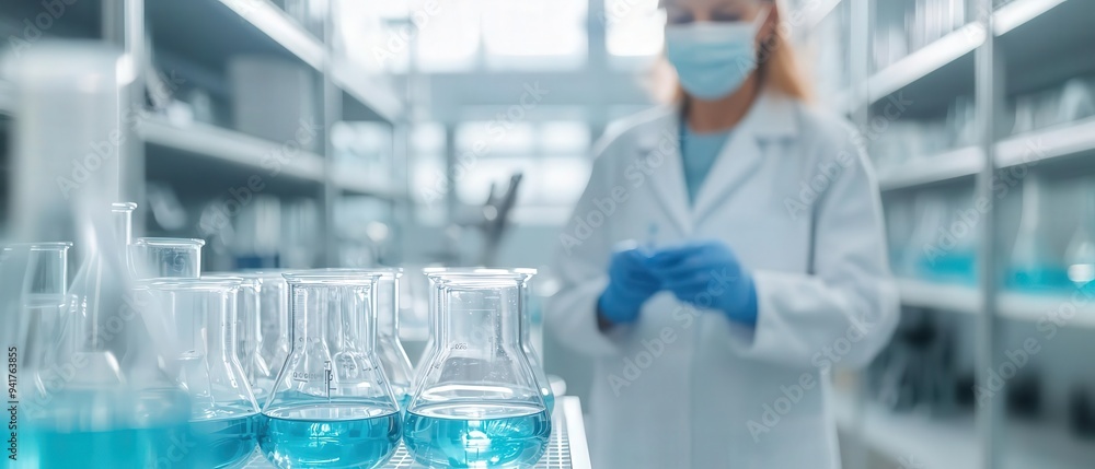Scientist working in a laboratory with glassware and blue liquid. Professional environment focused on research and experimentation. Scientist working in a laboratory with glassware and blue liquid. Professional environment focused on research and experimentation.
