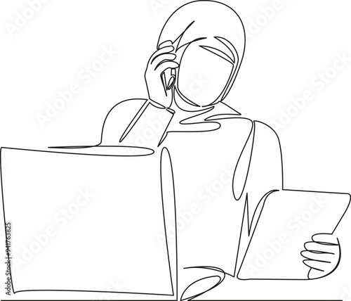 One continuous single drawing line art flat doodle Muslim businesswoman working on laptop and talking on phone. Isolated image hand draw contour on a white background
