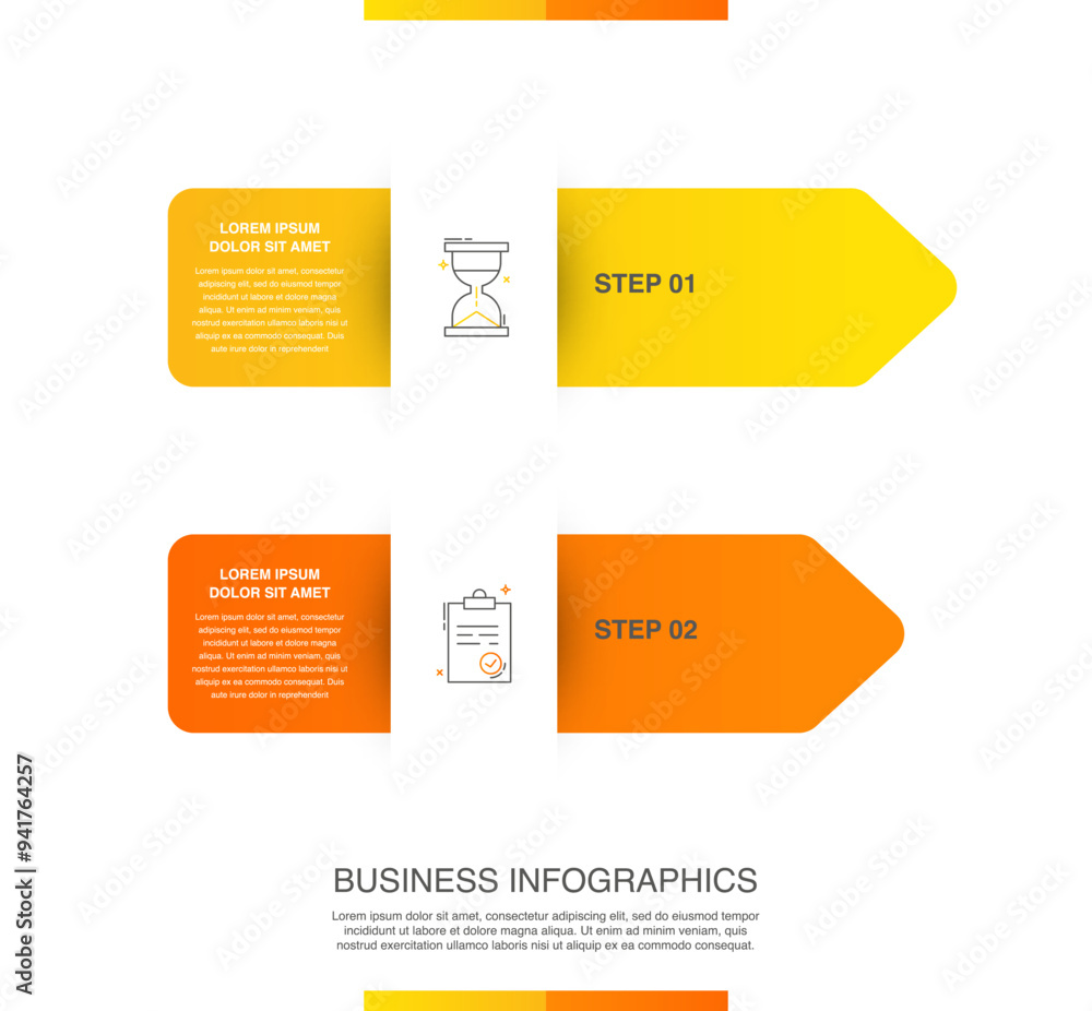 Vector infographic arrow design with 2 steps. Infographics template for business concept with two icons. Used for presentations, info graph, workflow layout, banner, process diagram, flow charts Vector infographic arrow design with 2 steps. Infographics template for business concept with two icons. Used for presentations, info graph, workflow layout, banner, process diagram, flow charts