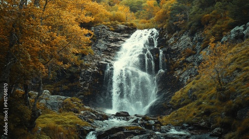 A beautiful waterfall cascading down a cliff in the French Pyrenees, with plenty of room for copy