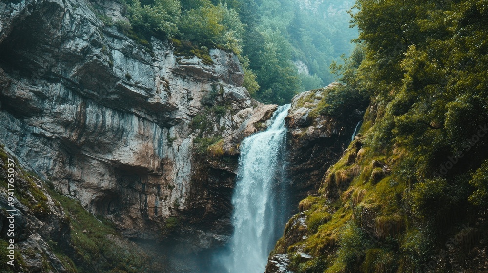 Fototapeta premium A beautiful waterfall cascading down a cliff in the French Pyrenees, with plenty of room for copy