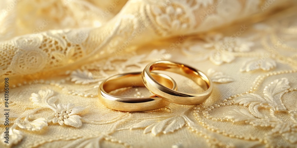 Gold wedding rings scattered across a soft Gold wedding rings scattered across a soft