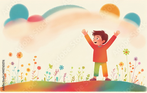 Illustrative depiction of a happy child or children raising their hands in joy against a colorful background in a drawn style