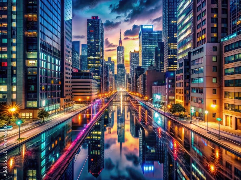 Hyperreal Cityscape at Night - Realistic city streets, shimmering lights, vibrant reflections, urban exploration. Hyperreal Cityscape at Night - Realistic city streets, shimmering lights, vibrant reflections, urban exploration.