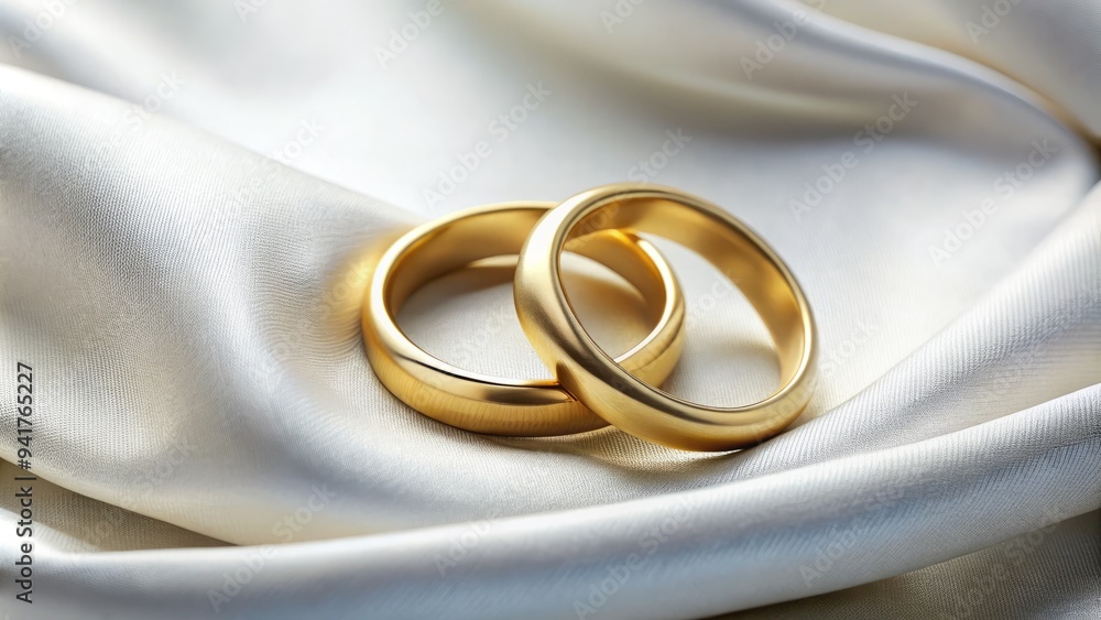 Two gold wedding rings on a smooth white fabric Two gold wedding rings on a smooth white fabric