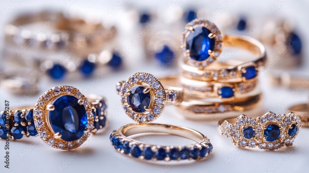 A collection of jewelry set on a white backdrop that includes sapphires, sapphire stones, sapphire earrings, and sapphire rings A collection of jewelry set on a white backdrop that includes sapphires, sapphire stones, sapphire earrings, and sapphire rings