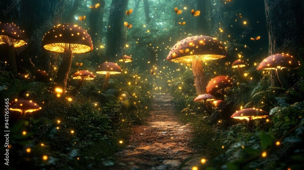 Naklejka premium Enchanted Forest Path with Glowing Mushrooms